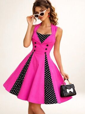 Killreal Rockabilly Swing Dress Pink Polka Dot Sweetheart M